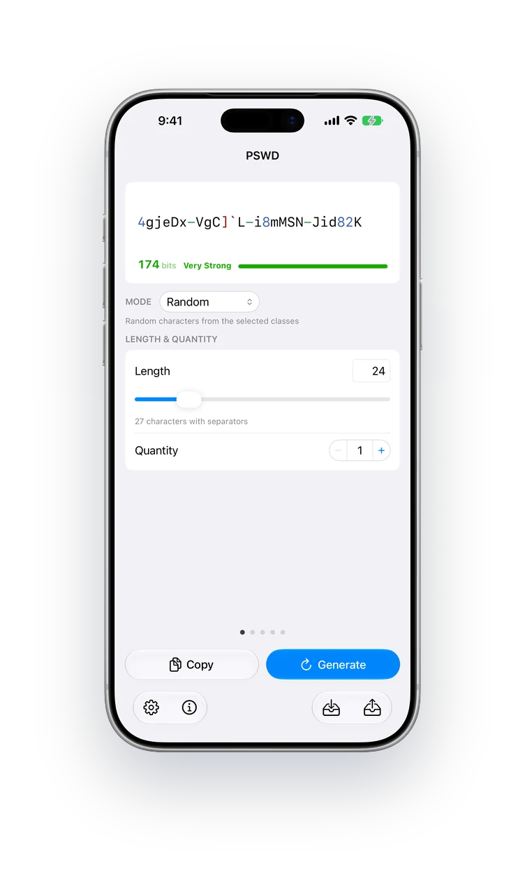 PSWD on iPhone: a generated password with its entropy bar and length controls
