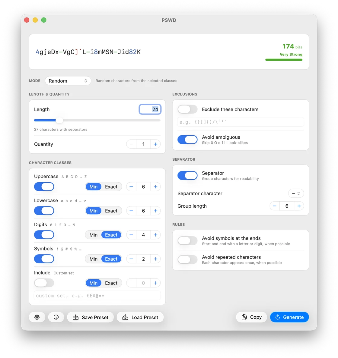 PSWD on the Mac: the main window with a generated password, entropy readout and character-class controls